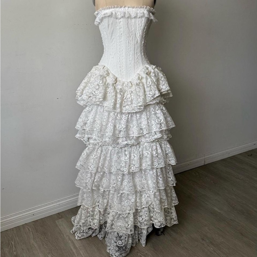 Elegant White Lace Strapless Dress Custom Handmade